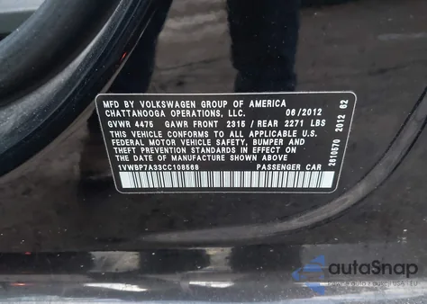 2012 Volkswagen Passat 2.5L Se z USA, uszkodzony, nr VIN 1VWBP7A33CC108568